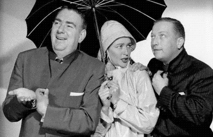 Bob and Ray in a publicity photo with Tedi Thurman for Monitor (NBC radio), where all were program regulars.