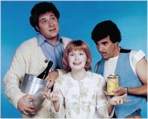 One Day at a Time starred Bonnie Franklin (center) as newly divorced Mom, Ann Romano, and Mackenzie Phillips and Valerie Bertinelli as her teenage daughters Julie and Barbara (not pictured). Richard Masur (left) played Anns boyfriend David, and the building super, Schneider, was played by Pat Harrington Jr. (right)